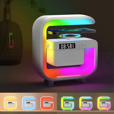 2024 New Smart Sound Machine Alarm Clocks with Atmosphere Bedside Lamp, Bluetooth Speaker Charger Table Lamp with Wireless Charging Station Night Light Alarm Clock, Decor Gift, Black