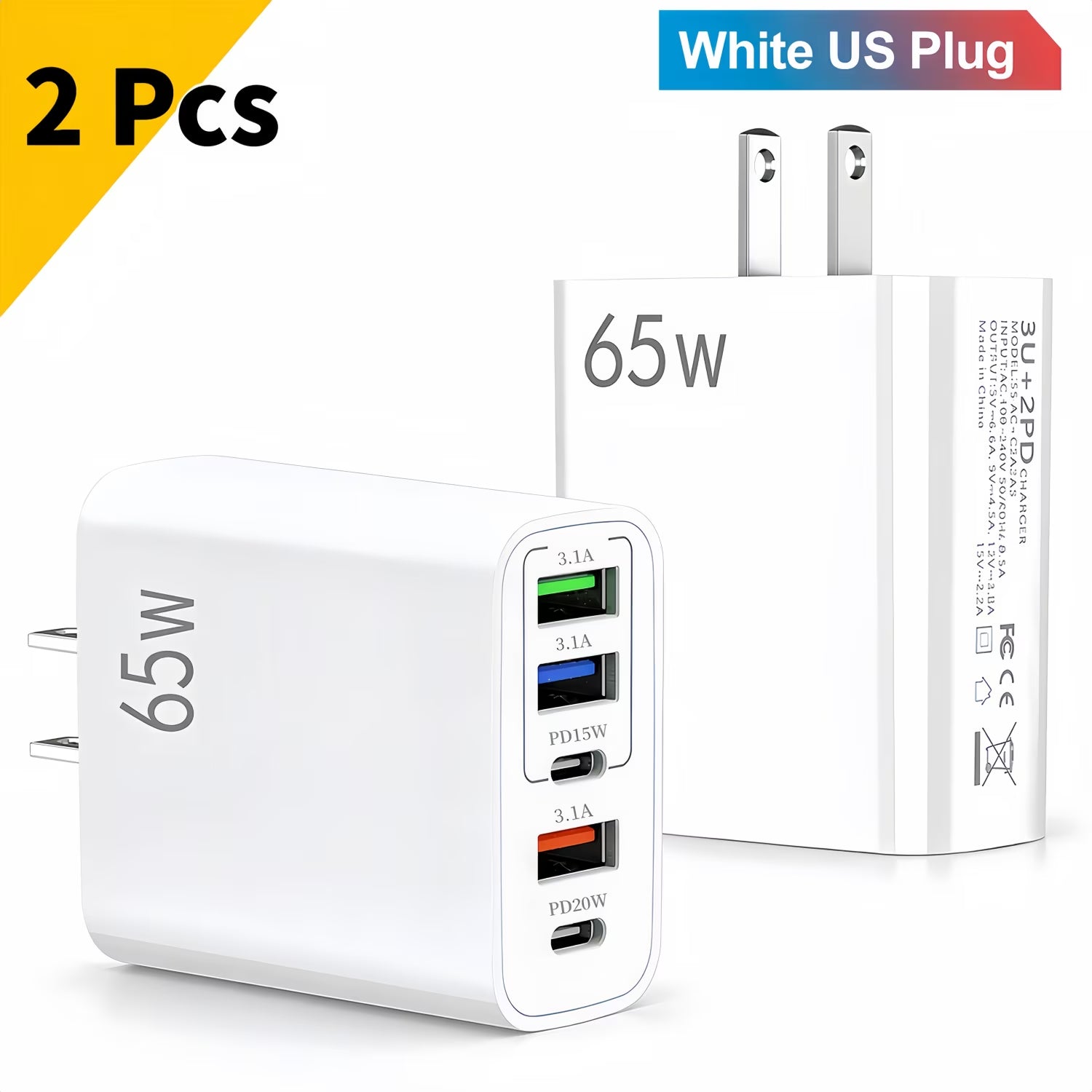 USB C Charger Block, 2-Pack 65W Wall Charger, 5-Port Type C Fast Charging Block Power Adapter Compatible with Phones, Tablets & More, White