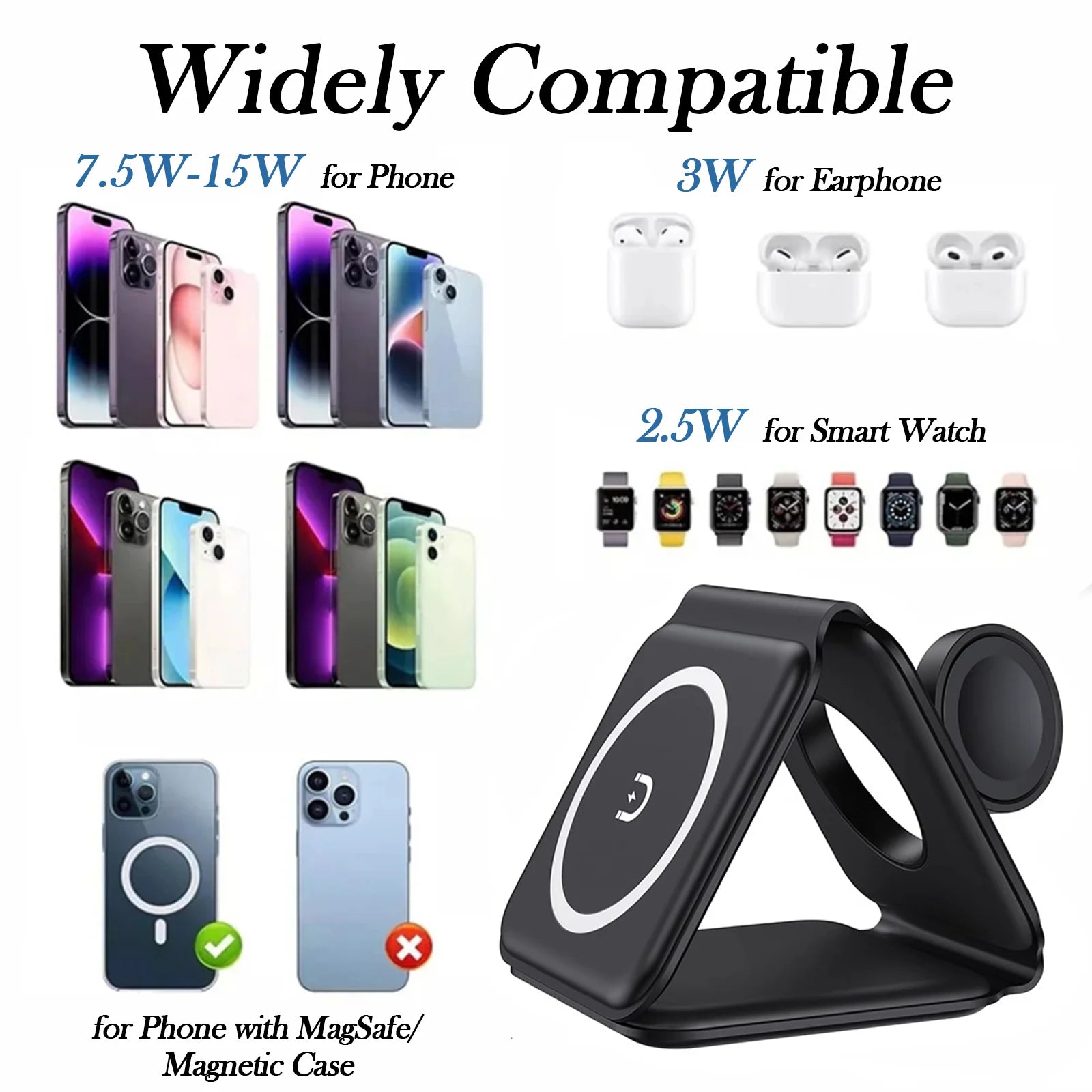 3-In-1 Magnetic Wireless Charging Station for Iphone 12-16/Pro/Max & Airpods, Foldable Travel Dock, Fast Charging Pad Compatible for Apple Watch & Android Phones