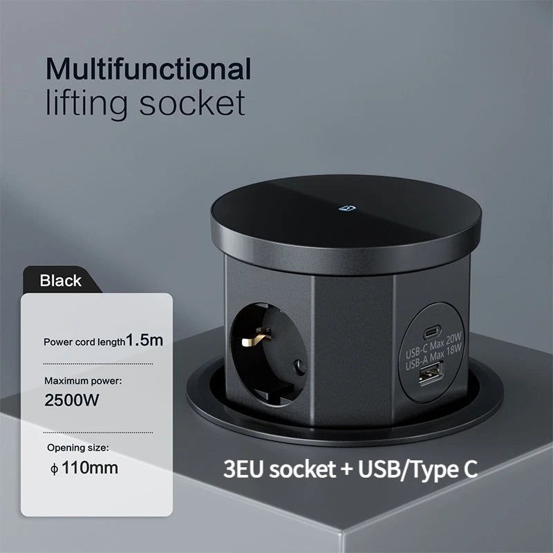YINKA Pop up Table Socket Lifting Socket, USB Type-C Outlet, EU Socket, 15W Wireless Charge, Desktop Hidden Lifting Socket