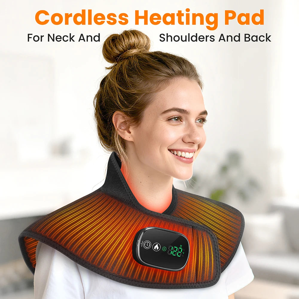 Cordless Heating Shoulder Neck Pad with Ajustable 4 Level Heated 5 Level Timer Electric Shoulder Neck Hot Compress Warm Winter