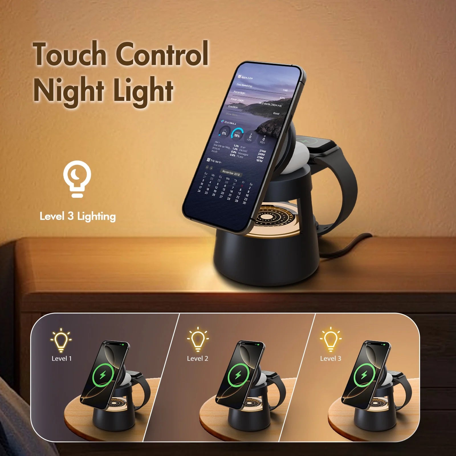4 in 1 Wireless Charging Station, 15W Fast Charging Wireless Charger for Iphone Airpods Iwatch with Magsafe and Mushroom Light, Compatible with Iphone 8 and above Series