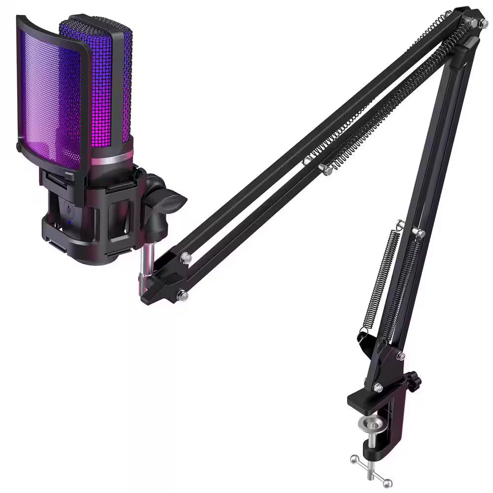 USB Gaming Microphone Condenser Mic with RGB Boom Arm Pop Filter for Streaming Podcast in Black 1-Piece