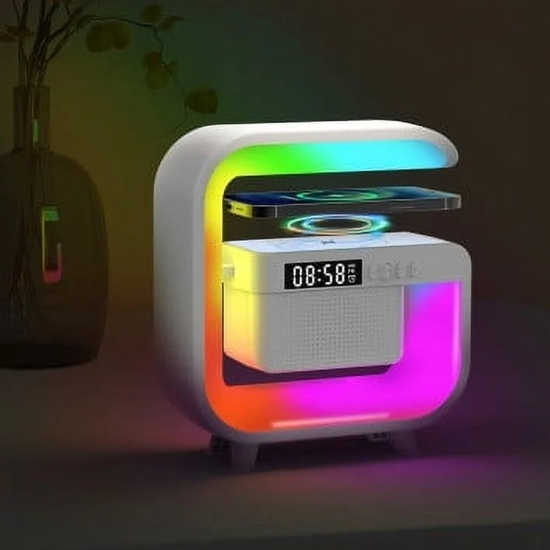 2024 New Smart Sound Machine Alarm Clocks with Atmosphere Bedside Lamp, Bluetooth Speaker Charger Table Lamp with Wireless Charging Station Night Light Alarm Clock, Decor Gift, Black