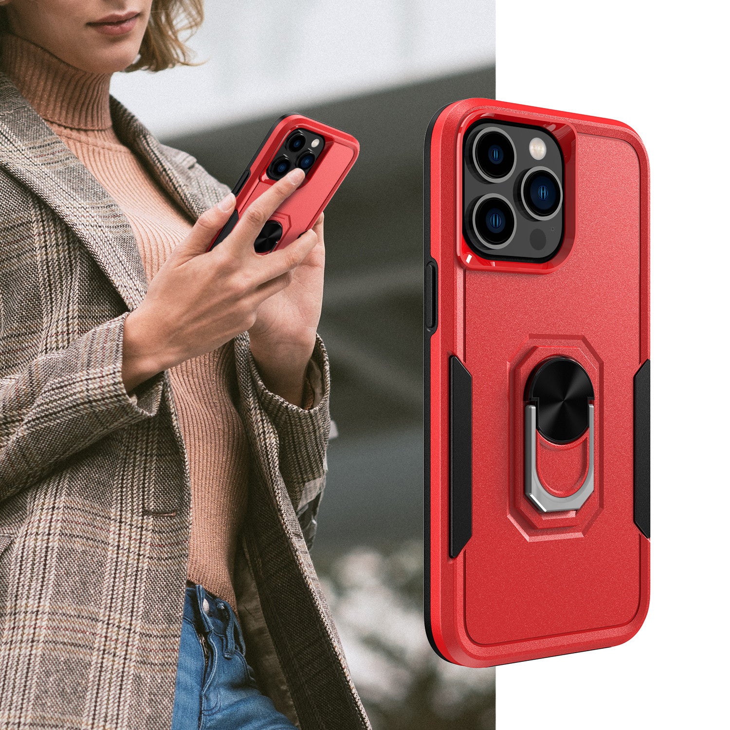 Phone Case with Ring Stand for Iphone 14 Pro Max/14 Pro/14 Plus/14 Shockproof Armor Cover, Red