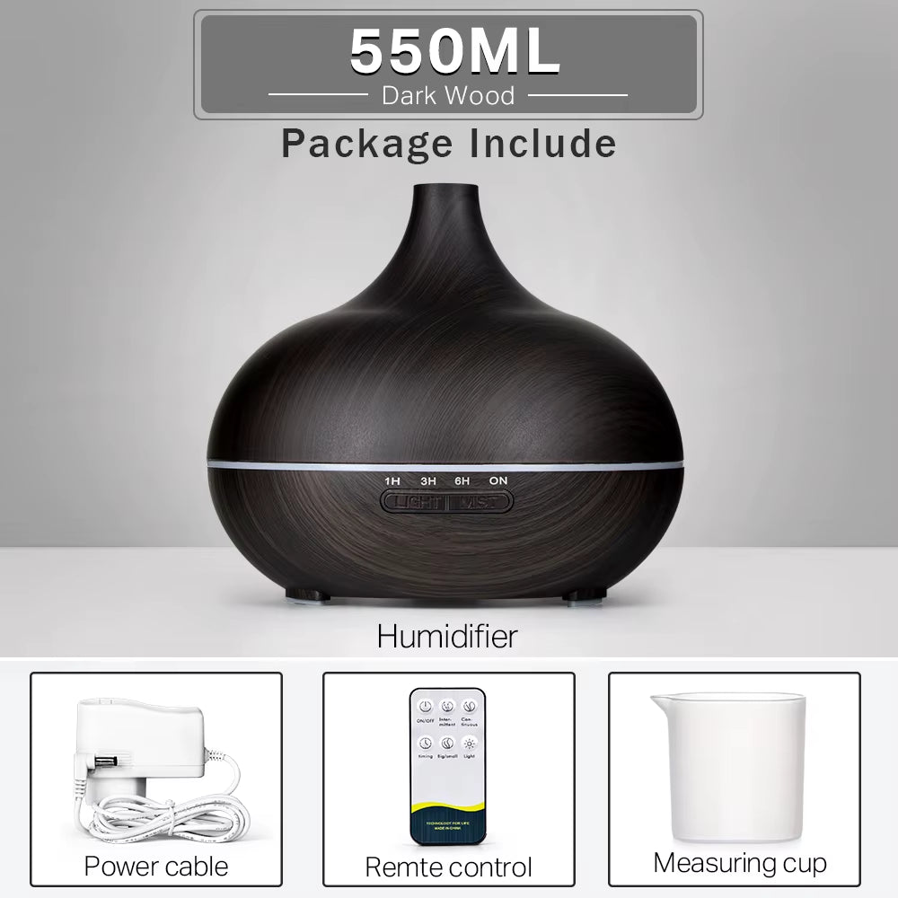 Aromatherapy Essential Oil Diffuser Wood Grain Remote Control Ultrasonic Air Humidifier Cool with 7 Color LED Light