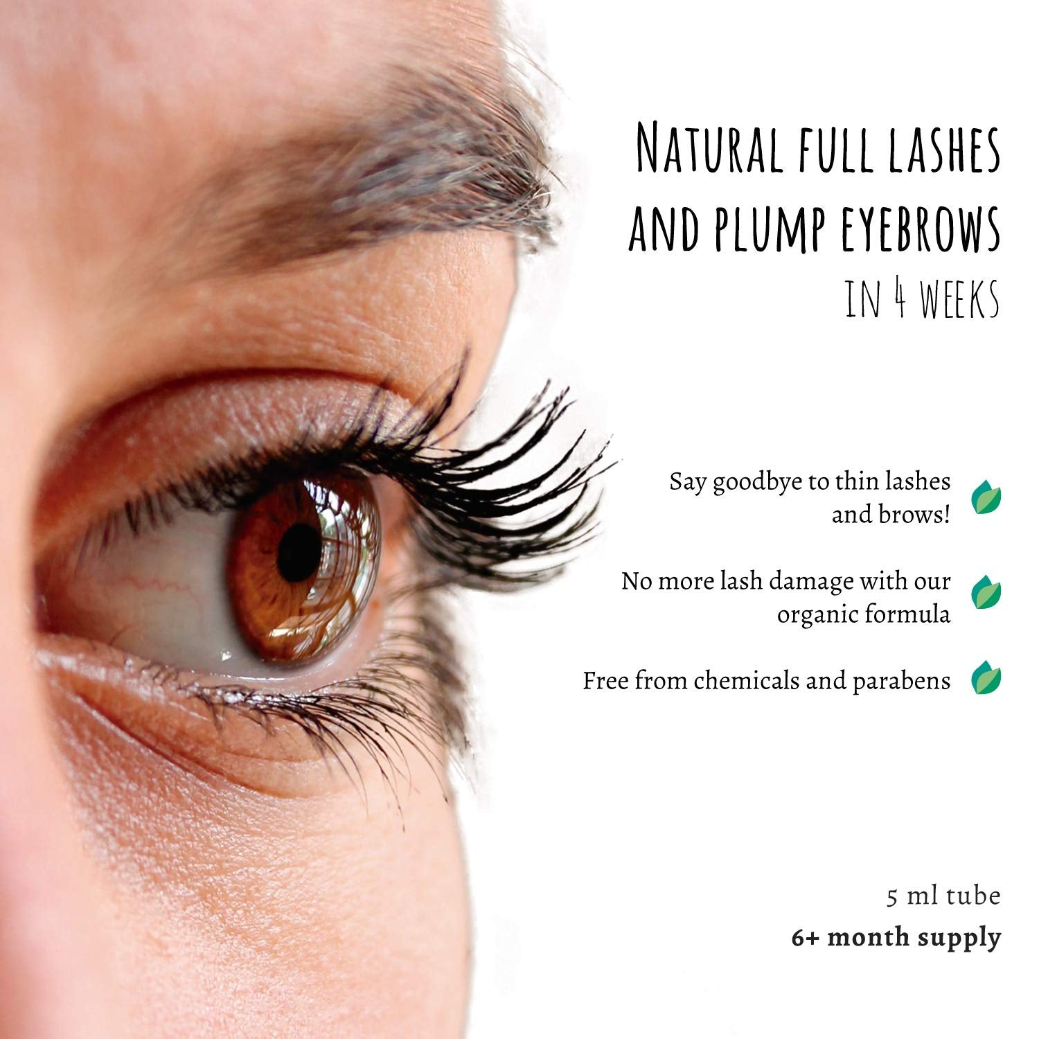 Eyelash Growth Serum - with Instant Lash Volume Effect. Eyebrow Growth Treatment. Dermatologist Approved Lash Enhancing Serum 2-4 Weeks (5Ml Large Size) 6 Months Use. Organic, Vegan & Cruelty-Free