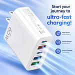 USB C Charger Block, 2-Pack 65W Wall Charger, 5-Port Type C Fast Charging Block Power Adapter Compatible with Phones, Tablets & More, White