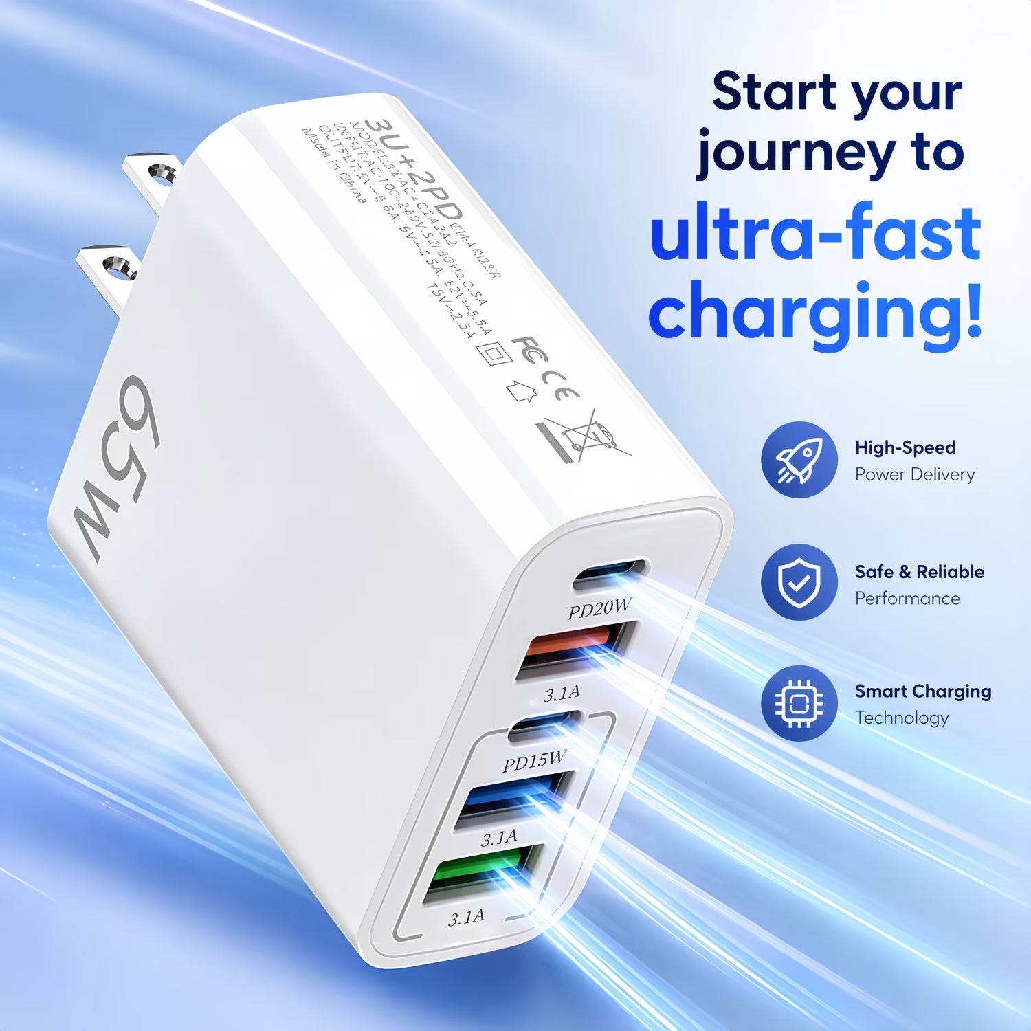 USB C Charger Block, 2-Pack 65W Wall Charger, 5-Port Type C Fast Charging Block Power Adapter Compatible with Phones, Tablets & More, White