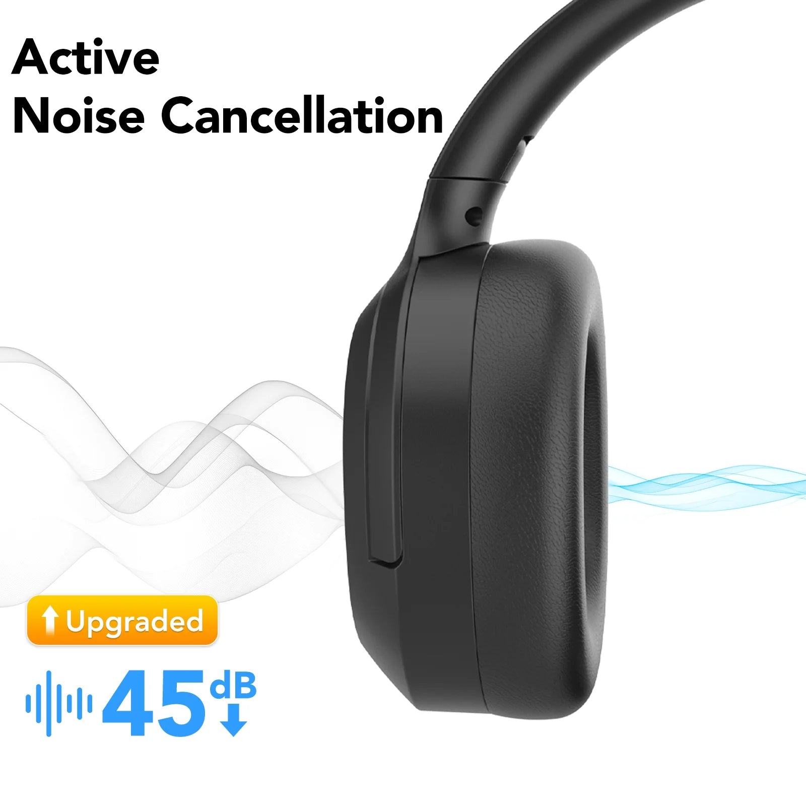 Active Noise Cancelling Headphones, -45Db Bluetooth Headphones 5.4, 50H Playtime Earbuds, Bass Boosted by 90%, Clear Call with 4 Mics, Comfort Fit over Ear Headphones for Travel Home Office PC Black