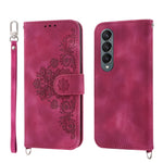 Wallet Phone Case for Samsung Galaxy Z Fold 4, Galaxy Z Fold4 Case with Card Slots Wrist Lanyard Shoulder Strap, Embossed PU Leather Shockproof Folio Flip Stand Case for Samsung Z Fold4 5G,Red
