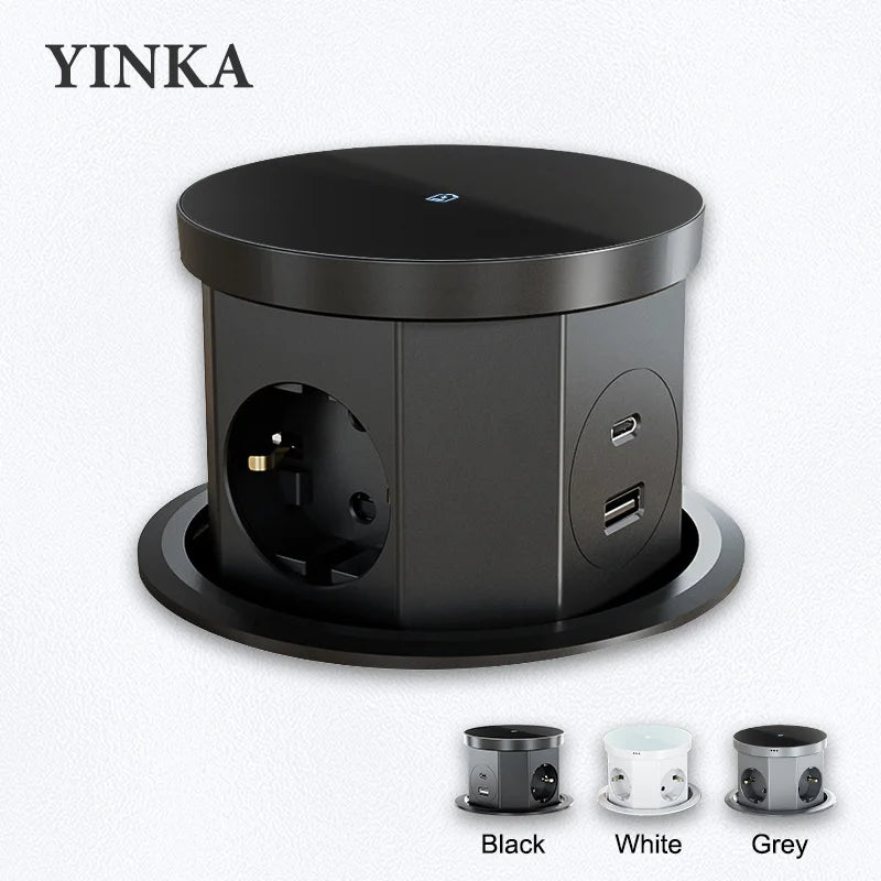 YINKA Pop up Table Socket Lifting Socket, USB Type-C Outlet, EU Socket, 15W Wireless Charge, Desktop Hidden Lifting Socket