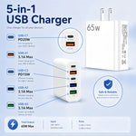 USB C Charger Block, 2-Pack 65W Wall Charger, 5-Port Type C Fast Charging Block Power Adapter Compatible with Phones, Tablets & More, White