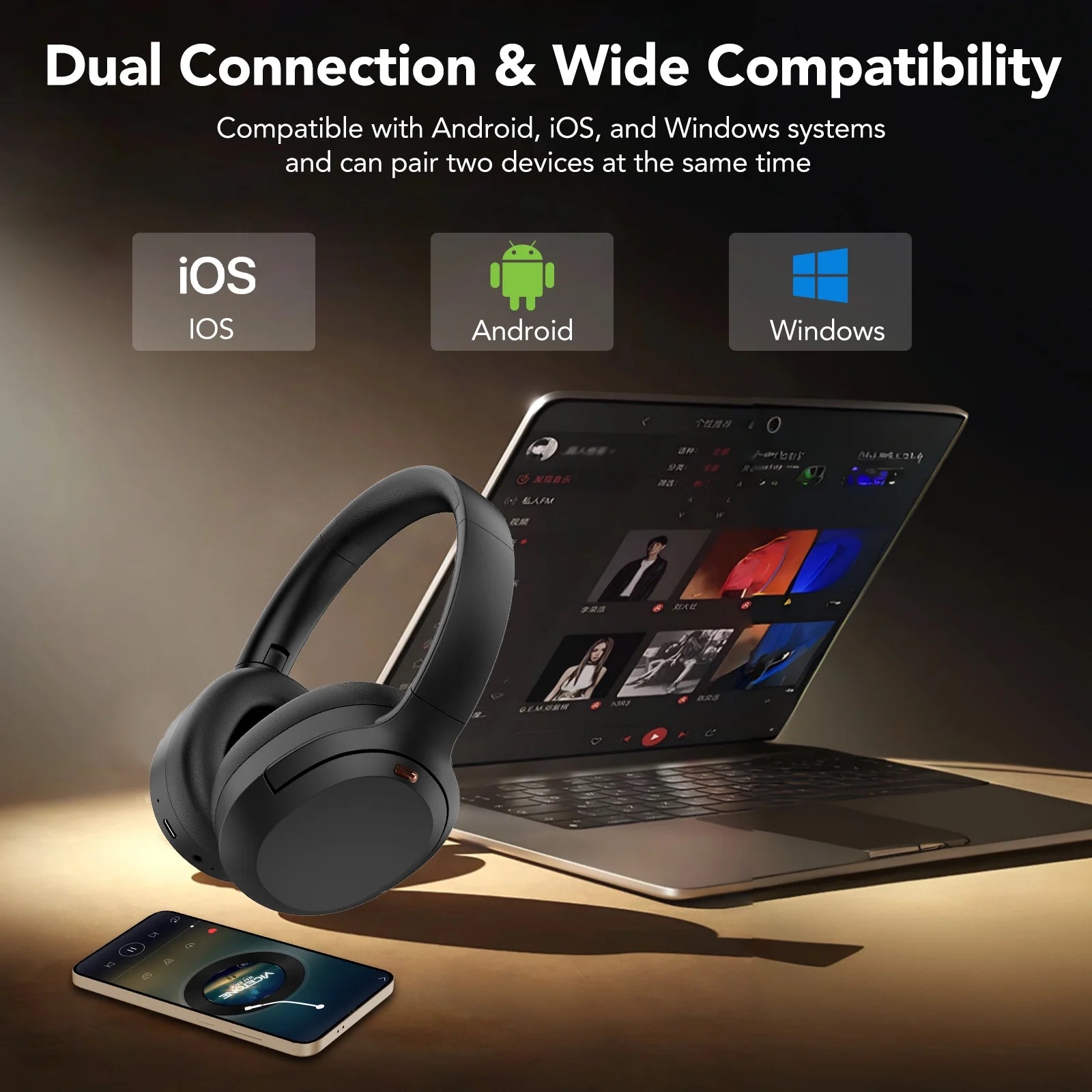 Active Noise Cancelling Headphones, -45Db Bluetooth Headphones 5.4, 50H Playtime Earbuds, Bass Boosted by 90%, Clear Call with 4 Mics, Comfort Fit over Ear Headphones for Travel Home Office PC Black