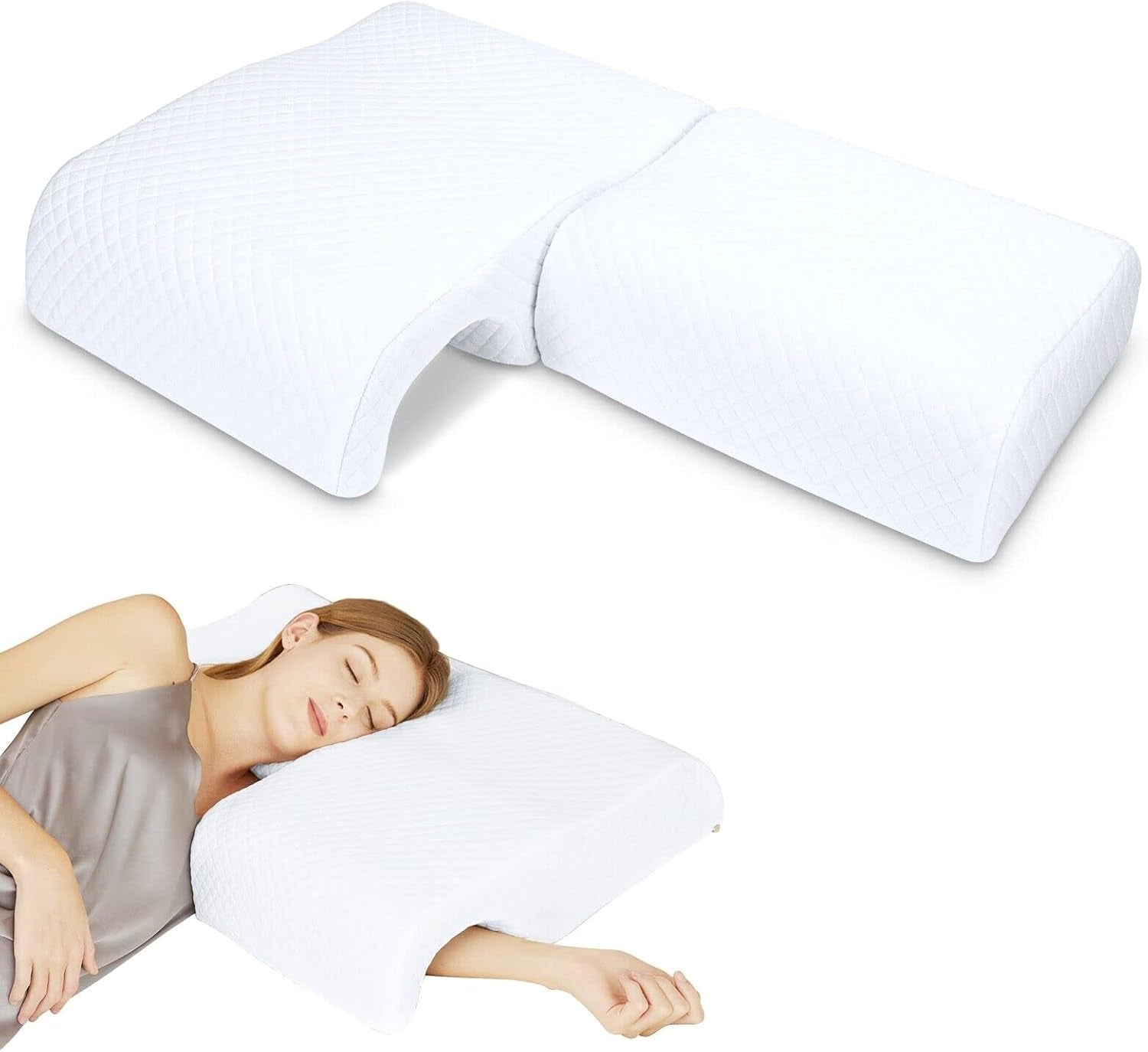 Memory Foam Cuddle Pillow for Couples, Side Sleeper Pillow with Arm Hole, Ergonomic Support for Head, Neck and Arm with Breathable Washable Pillowcase