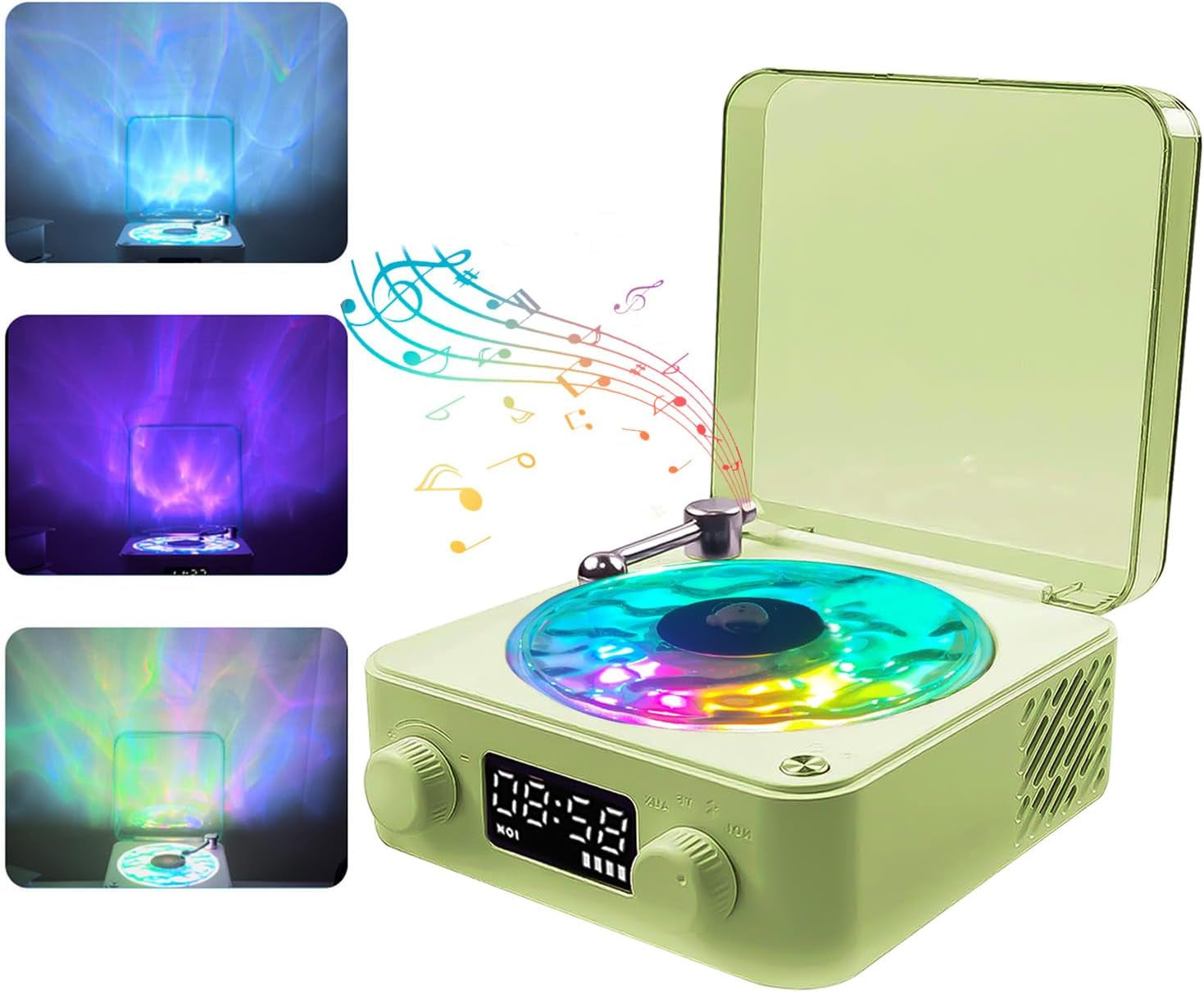 Retro-Style Wireless Waves Vinyl Bluetooth Speaker for Sea White Noise with Bedroom Clock & Ambience Light, a Great Gift Suited for Computer Desktop, Green, THYX-001GRUS