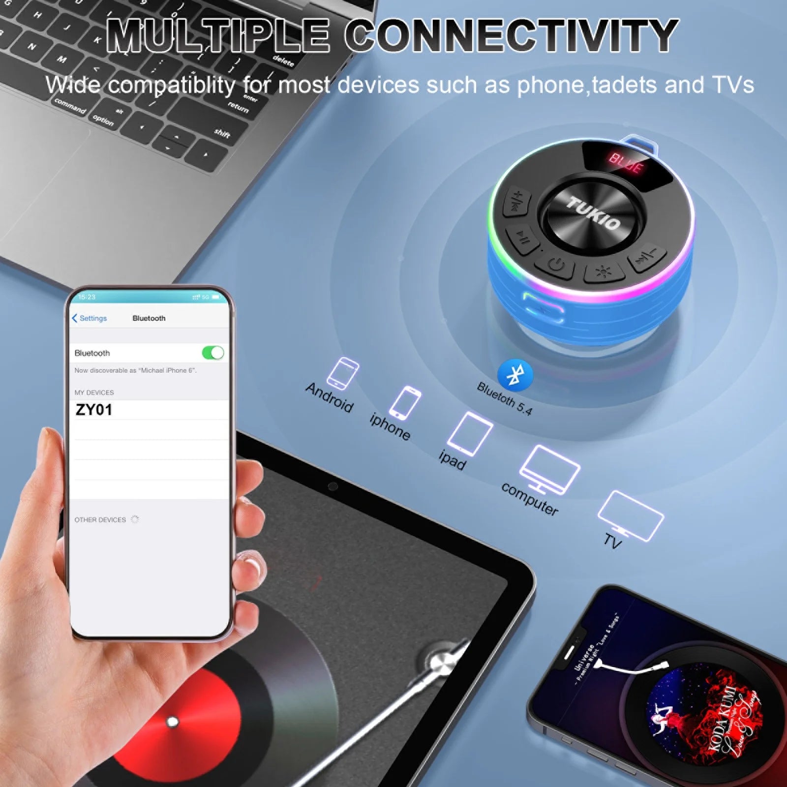 Bluetooth Shower Speaker, IPX7 Waterproof Portable Wireless Speaker with Suction Cup, 12H Playtime, 360° Sound, RGB LED, Hands-Free Calls, Mini Speaker for Bathroom Pool Beach Outdoor, Blue