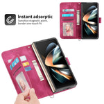 Wallet Phone Case for Samsung Galaxy Z Fold 4, Galaxy Z Fold4 Case with Card Slots Wrist Lanyard Shoulder Strap, Embossed PU Leather Shockproof Folio Flip Stand Case for Samsung Z Fold4 5G,Red