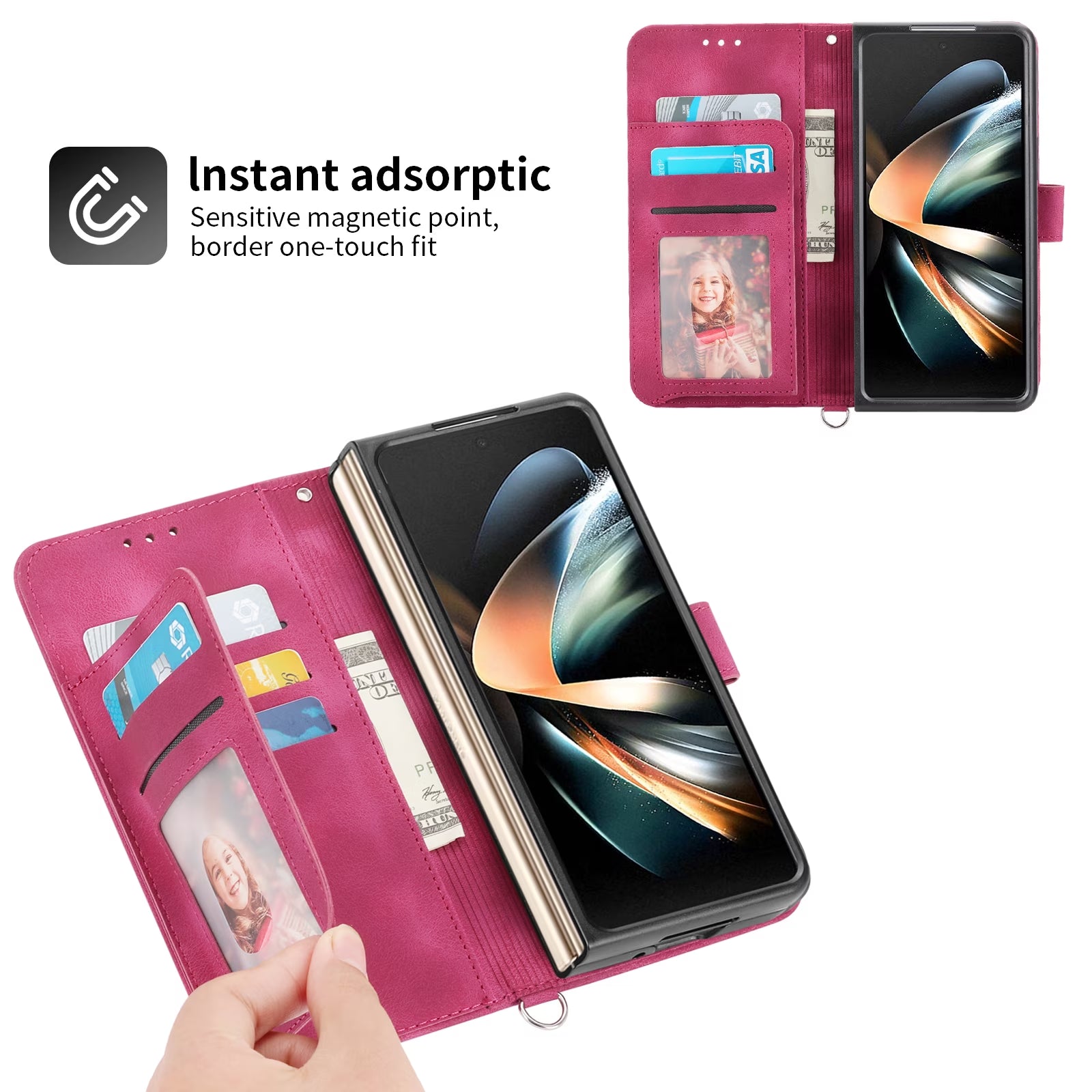Wallet Phone Case for Samsung Galaxy Z Fold 4, Galaxy Z Fold4 Case with Card Slots Wrist Lanyard Shoulder Strap, Embossed PU Leather Shockproof Folio Flip Stand Case for Samsung Z Fold4 5G,Red