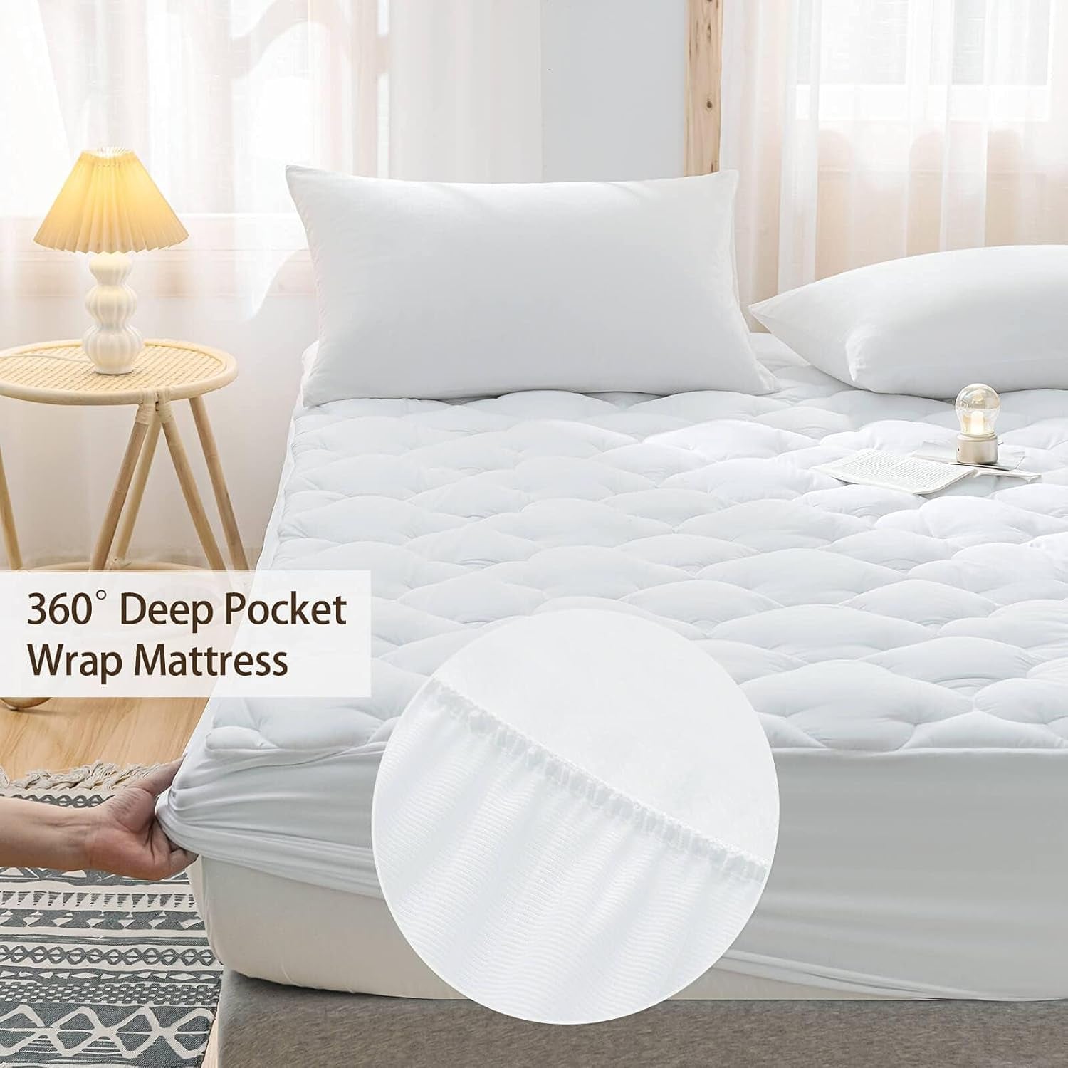 Waterproof Mattress Pad Twin XL Size Cotton Top down Alternative Filling Pillow Top Mattress Topper Cover-Fitted Quilted (Twin XL Mattress Pad)