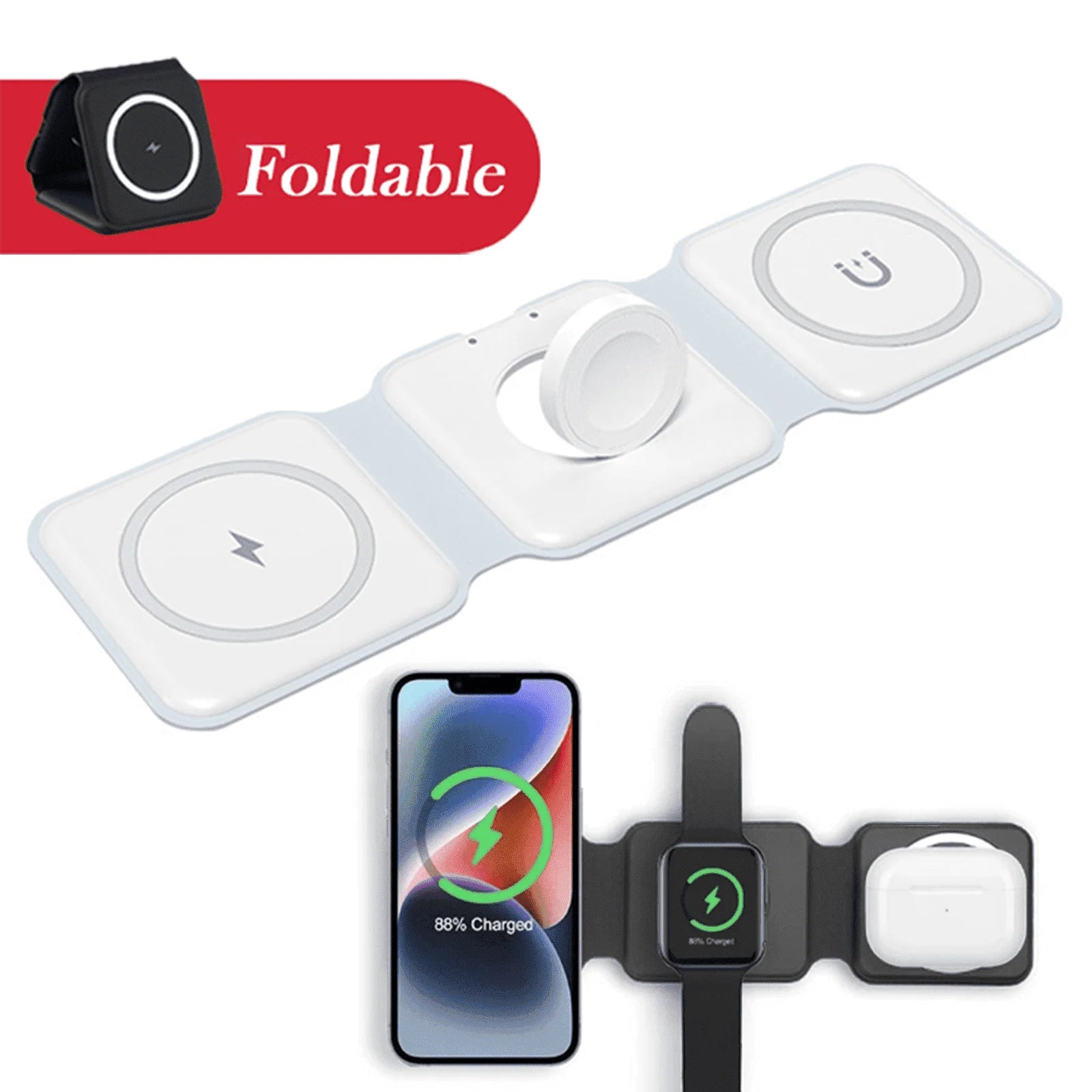 3-In-1 Magnetic Wireless Charging Station for Iphone 12-16/Pro/Max & Airpods, Foldable Travel Dock, Fast Charging Pad Compatible for Apple Watch & Android Phones