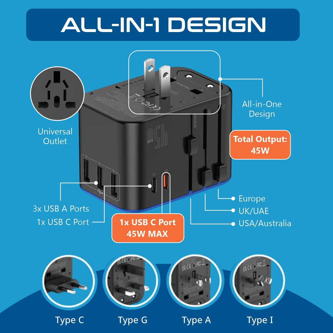 Universal travel adapter all-in-one