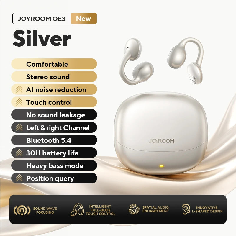 Clip-On Earbuds Wireless Open Ear Earbuds Headphones with Auto L-R Recognition Omni Tap Control Immersive Sound JR-OE3