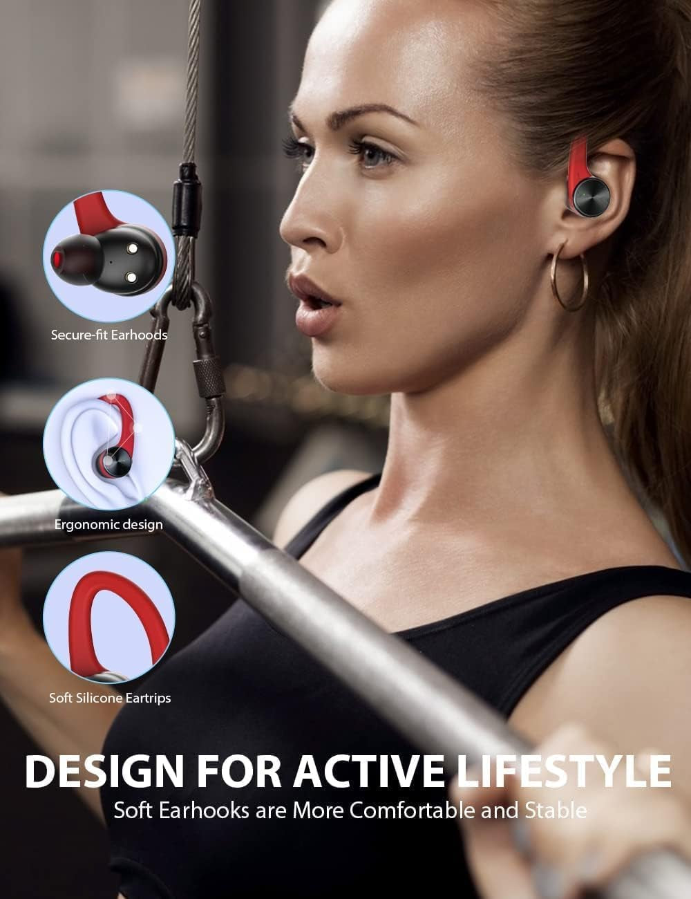 Wireless Earbuds, Wireless Bluetooth Headphones, Bluetooth 5.2 Sport Headphones (Red)