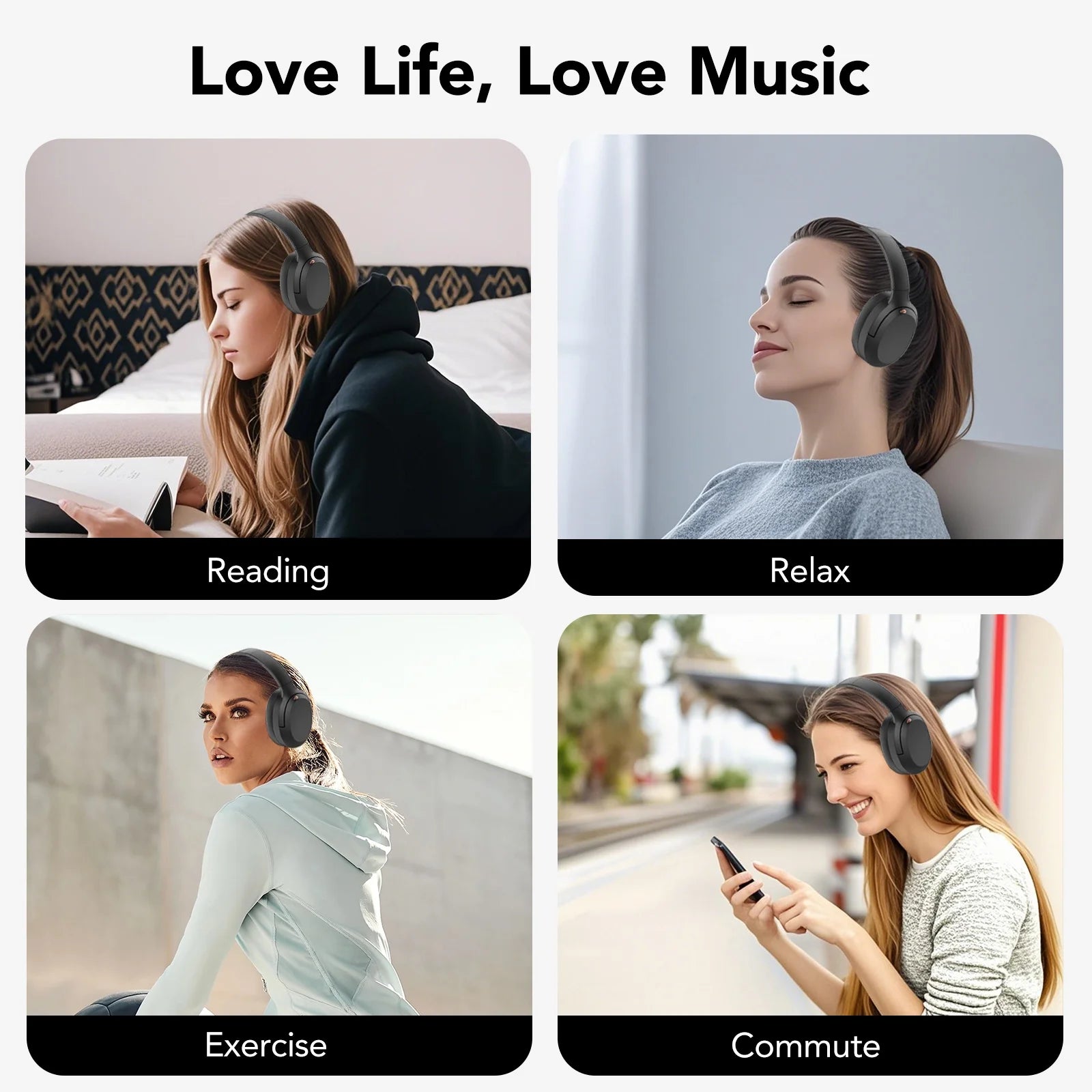 Active Noise Cancelling Headphones, -45Db Bluetooth Headphones 5.4, 50H Playtime Earbuds, Bass Boosted by 90%, Clear Call with 4 Mics, Comfort Fit over Ear Headphones for Travel Home Office PC Black