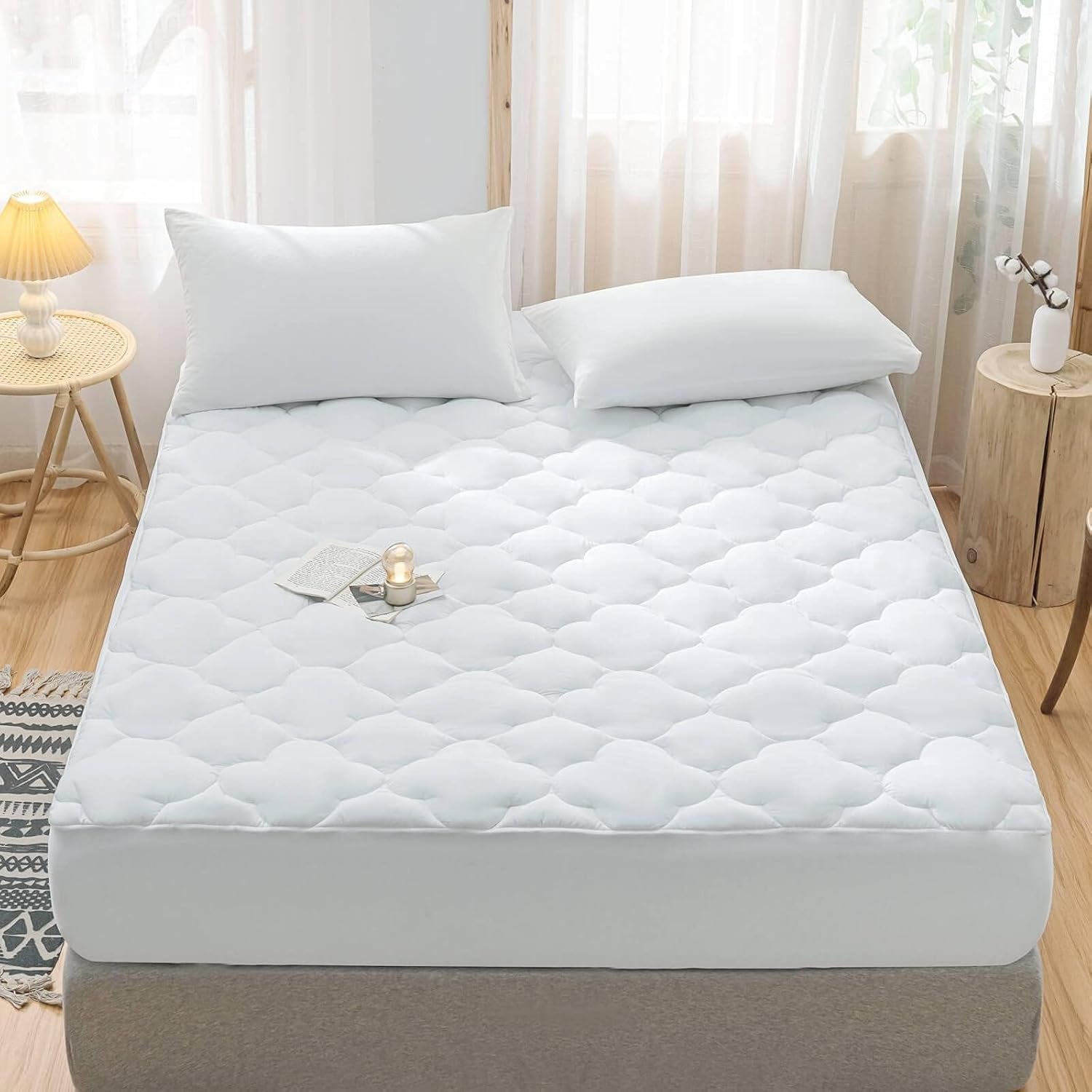 Waterproof Mattress Pad Twin XL Size Cotton Top down Alternative Filling Pillow Top Mattress Topper Cover-Fitted Quilted (Twin XL Mattress Pad)