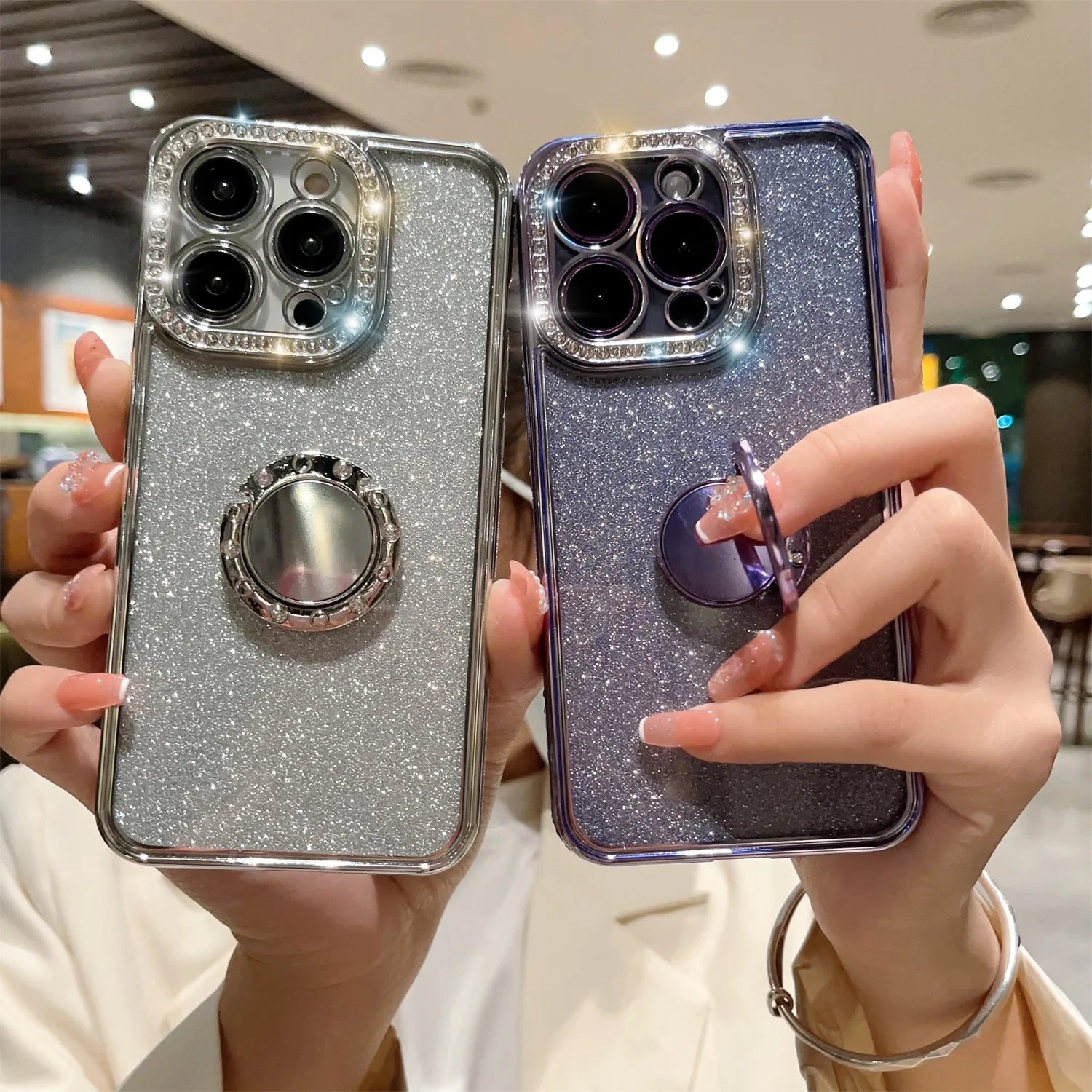 Allytech Iphone 16 Pro Max Case for Girls Women, with Ring Holder Stand Glitter Bling Rhinestone Design Clear Back Shell Slim Fit Shockproof Case Cover for Apple Iphone 16 Pro Max 6.7" - Purple