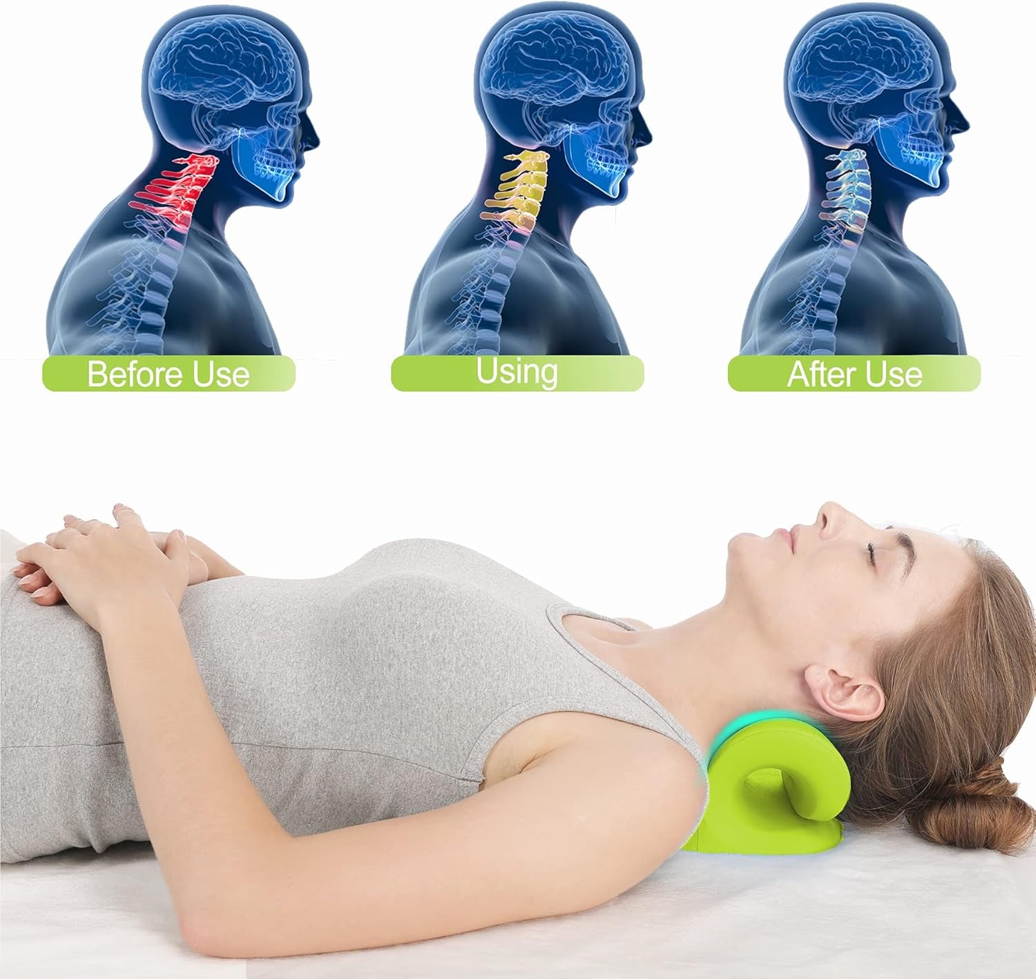 Cervical Neck Traction Device,  Neck Stretcher for Pain Relief, Cervical Neck Pillow, Neck Massage Pillow for Relieve Muscle Tension and TMJ Pain (Green)