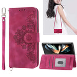 Wallet Phone Case for Samsung Galaxy Z Fold 4, Galaxy Z Fold4 Case with Card Slots Wrist Lanyard Shoulder Strap, Embossed PU Leather Shockproof Folio Flip Stand Case for Samsung Z Fold4 5G,Red