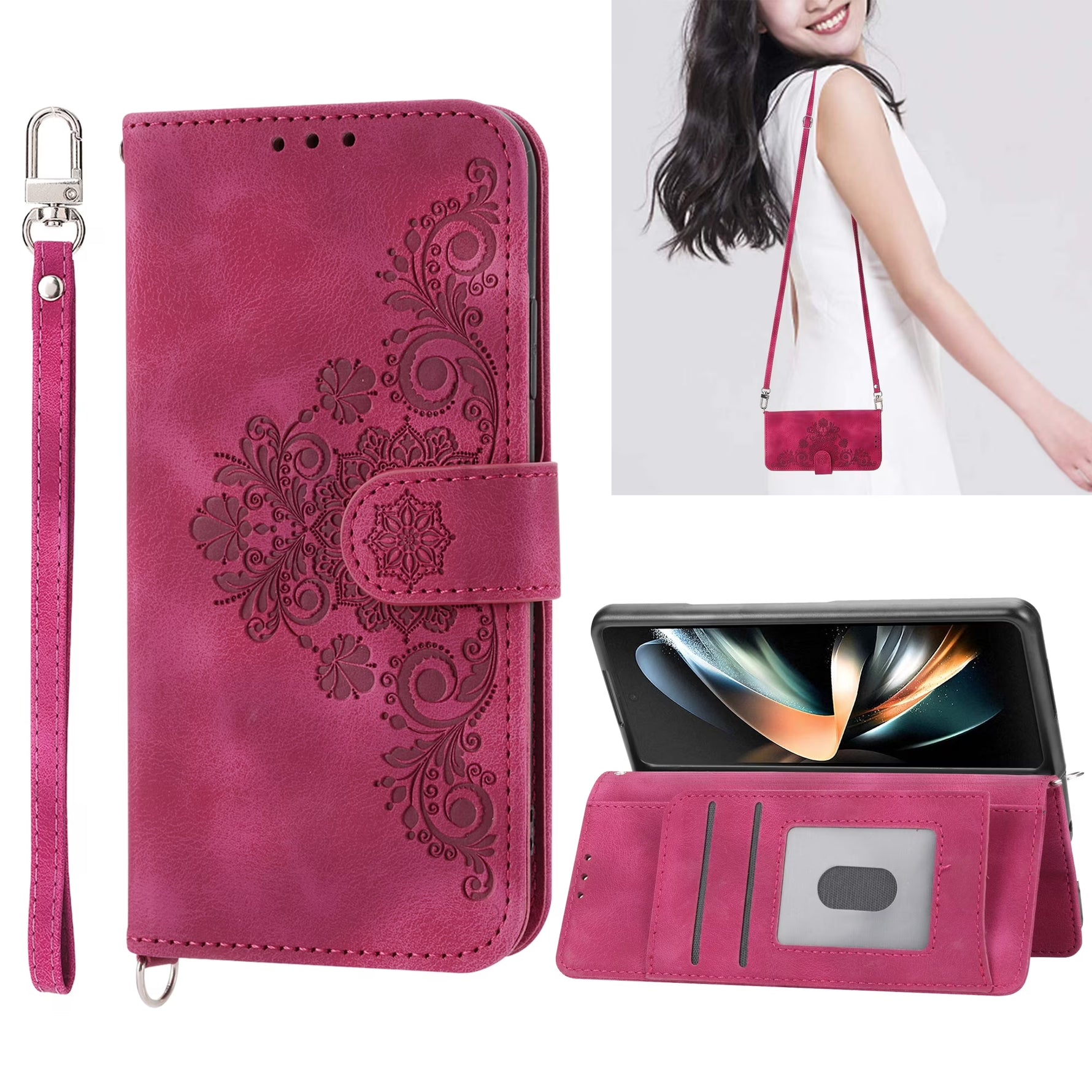Wallet Phone Case for Samsung Galaxy Z Fold 4, Galaxy Z Fold4 Case with Card Slots Wrist Lanyard Shoulder Strap, Embossed PU Leather Shockproof Folio Flip Stand Case for Samsung Z Fold4 5G,Red