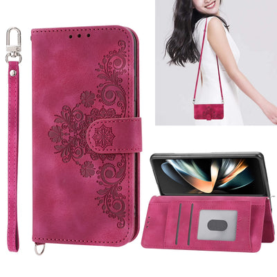 Wallet Phone Case for Samsung Galaxy Z Fold 4, Galaxy Z Fold4 Case with Card Slots Wrist Lanyard Shoulder Strap, Embossed PU Leather Shockproof Folio Flip Stand Case for Samsung Z Fold4 5G,Red