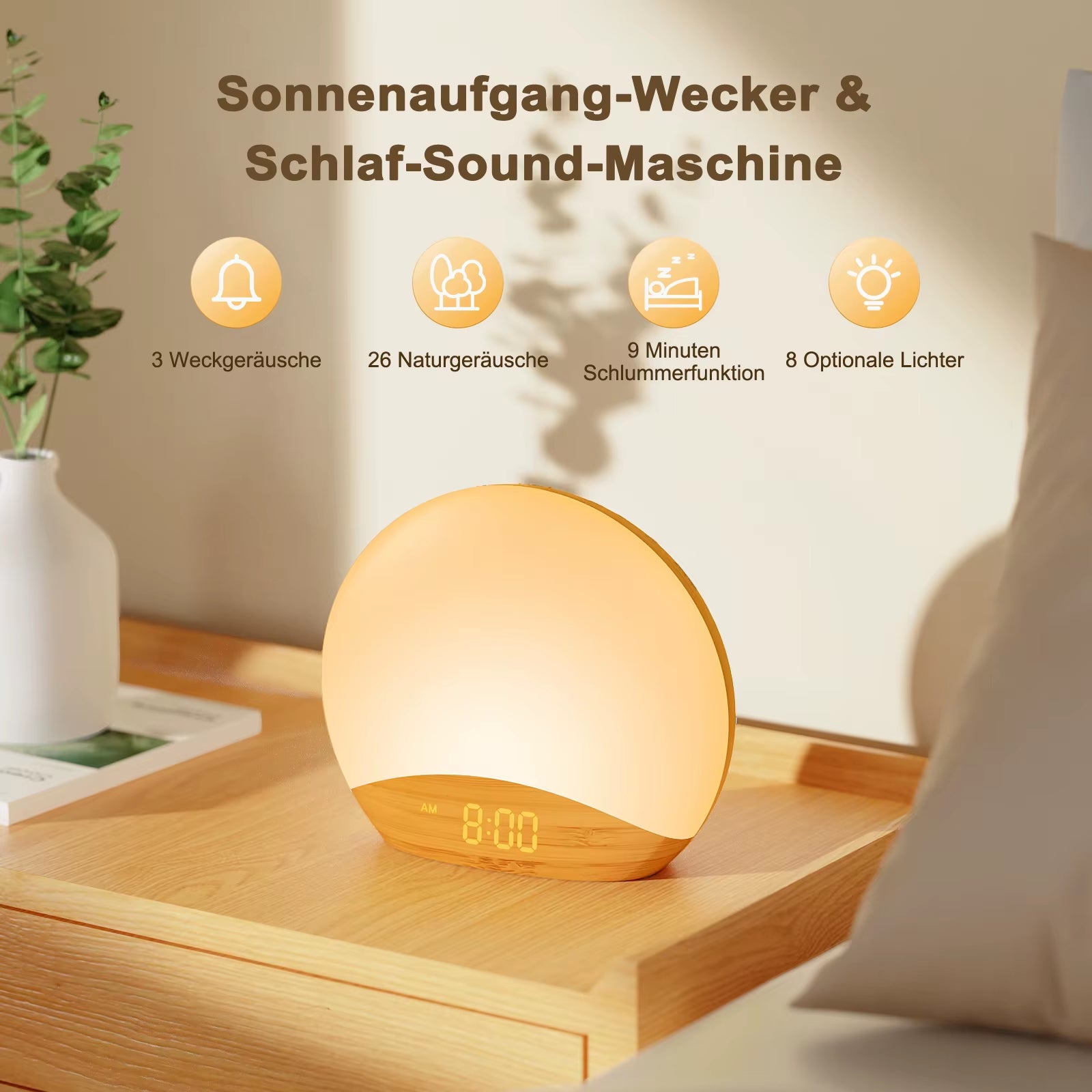 Wood Grain Sunrise Alarm Clock & Sound Machine Nightlight,Digital Dimmable Clock for Bedroom,26 Sleep Sounds,For Baby,Adults,Kid