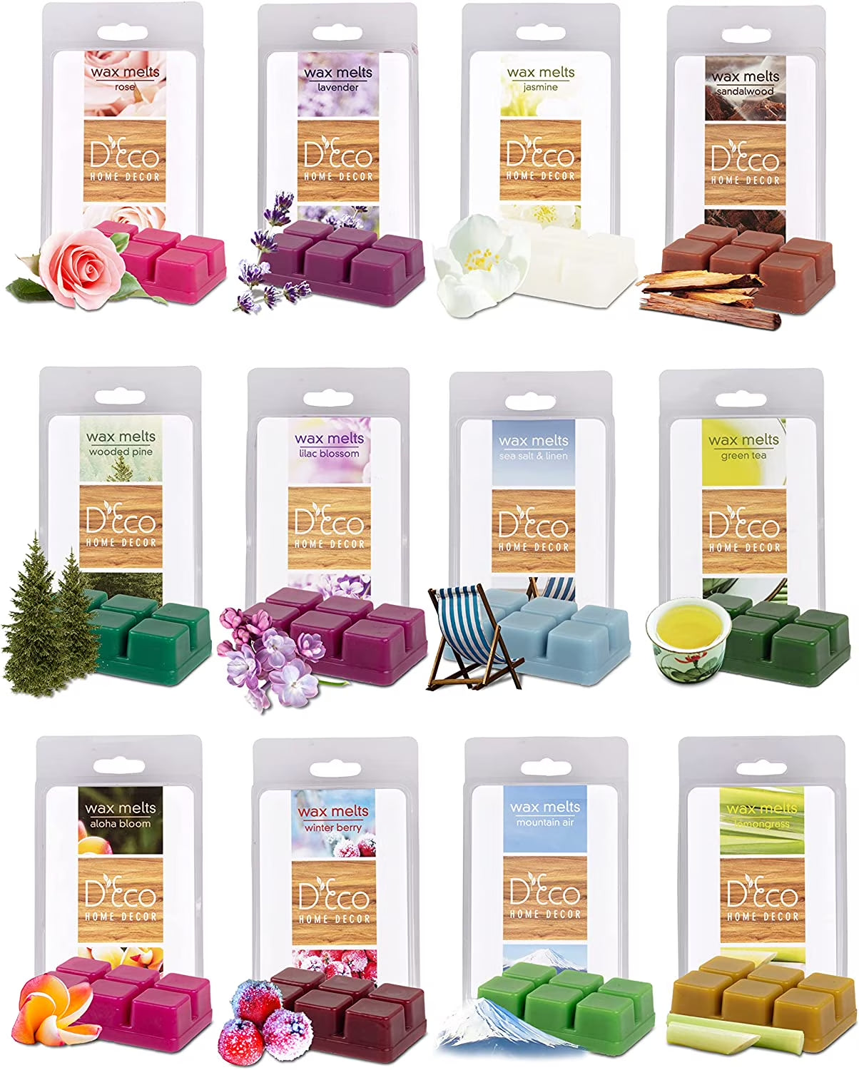 Spring Florals Scented Wax Melts Variety Set -12 Assorted 6Pc Cube Sets for Electric Candle Warmer (2.5Oz Ea)- Rose, Lavender, Jasmine, Lilac, Linen, Green Tea, Berry, Mountain Air- Great Gift
