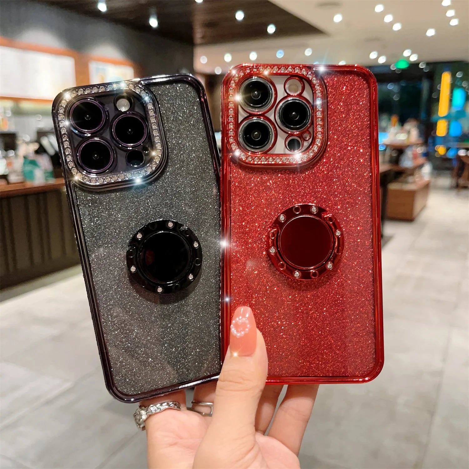 Allytech Iphone 16 Pro Max Case for Girls Women, with Ring Holder Stand Glitter Bling Rhinestone Design Clear Back Shell Slim Fit Shockproof Case Cover for Apple Iphone 16 Pro Max 6.7" - Purple