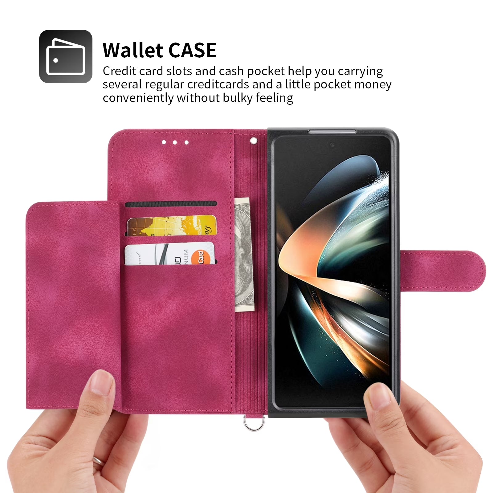 Wallet Phone Case for Samsung Galaxy Z Fold 4, Galaxy Z Fold4 Case with Card Slots Wrist Lanyard Shoulder Strap, Embossed PU Leather Shockproof Folio Flip Stand Case for Samsung Z Fold4 5G,Red