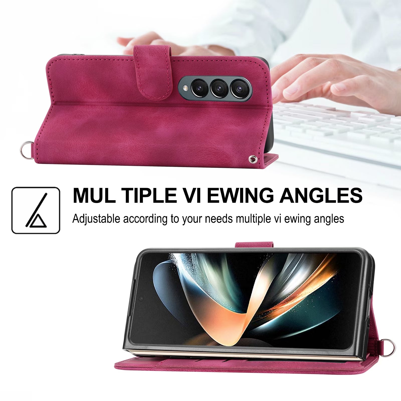 Wallet Phone Case for Samsung Galaxy Z Fold 4, Galaxy Z Fold4 Case with Card Slots Wrist Lanyard Shoulder Strap, Embossed PU Leather Shockproof Folio Flip Stand Case for Samsung Z Fold4 5G,Red