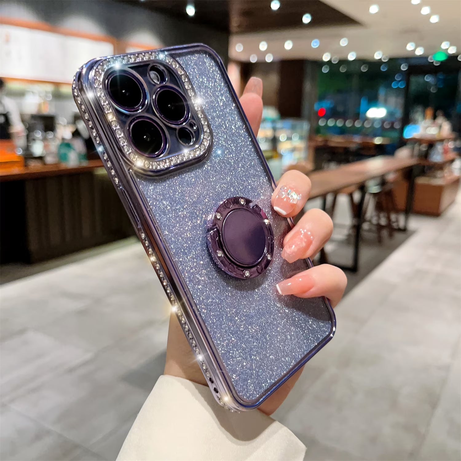Allytech Iphone 16 Pro Max Case for Girls Women, with Ring Holder Stand Glitter Bling Rhinestone Design Clear Back Shell Slim Fit Shockproof Case Cover for Apple Iphone 16 Pro Max 6.7" - Purple