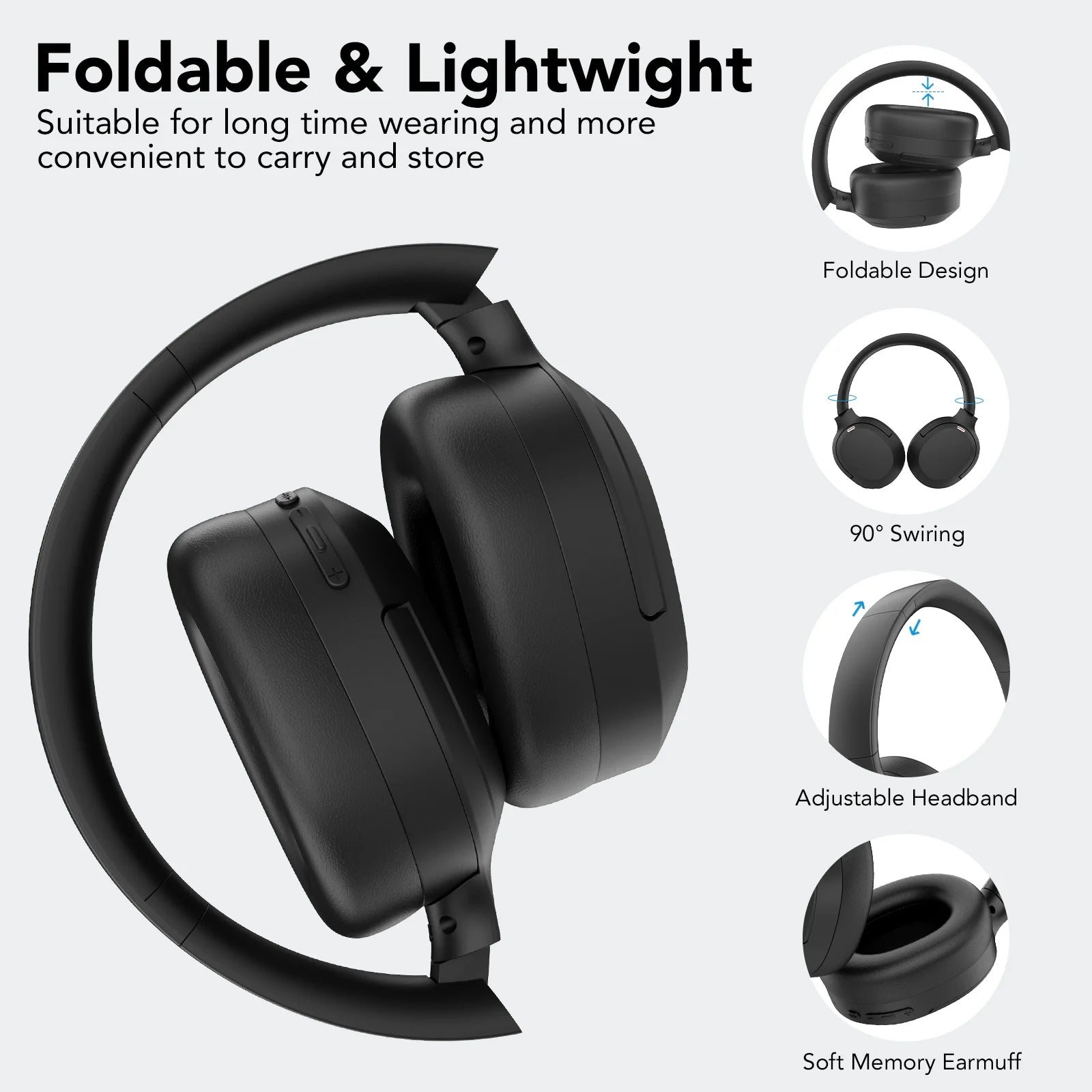 Active Noise Cancelling Headphones, -45Db Bluetooth Headphones 5.4, 50H Playtime Earbuds, Bass Boosted by 90%, Clear Call with 4 Mics, Comfort Fit over Ear Headphones for Travel Home Office PC Black