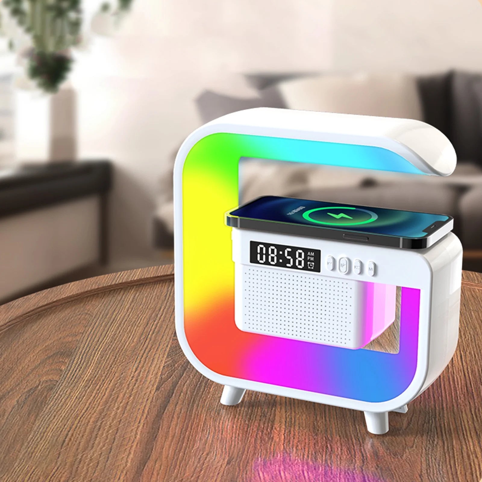 2024 New Smart Sound Machine Alarm Clocks with Atmosphere Bedside Lamp, Bluetooth Speaker Charger Table Lamp with Wireless Charging Station Night Light Alarm Clock, Decor Gift, Black