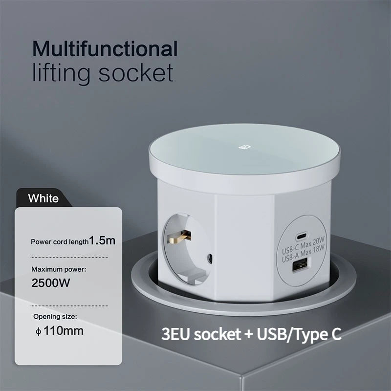 YINKA Pop up Table Socket Lifting Socket, USB Type-C Outlet, EU Socket, 15W Wireless Charge, Desktop Hidden Lifting Socket