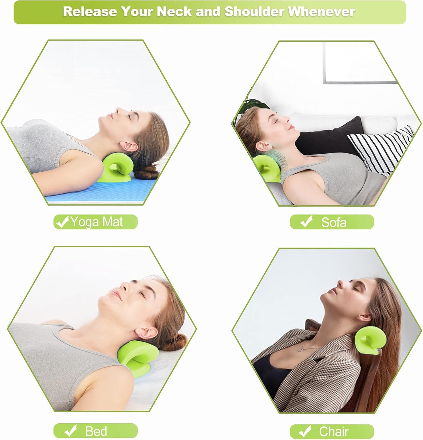 Cervical Neck Traction Device,  Neck Stretcher for Pain Relief, Cervical Neck Pillow, Neck Massage Pillow for Relieve Muscle Tension and TMJ Pain (Green)